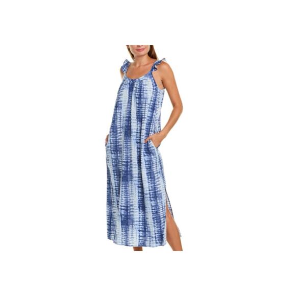 Vince Camuto Tie Dye Midi Dress L Blue Linen Blend Beachy Coastal Vacation - Picture 2 of 8